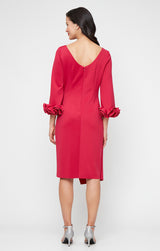 Short Stretch Crepe Sheath Dress with Boat Neckline and Ruffle Sleeve Detail