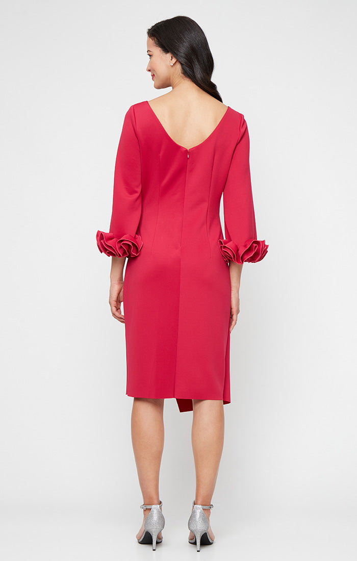 Short Stretch Crepe Sheath Dress with Boat Neckline and Ruffle Sleeve Detail