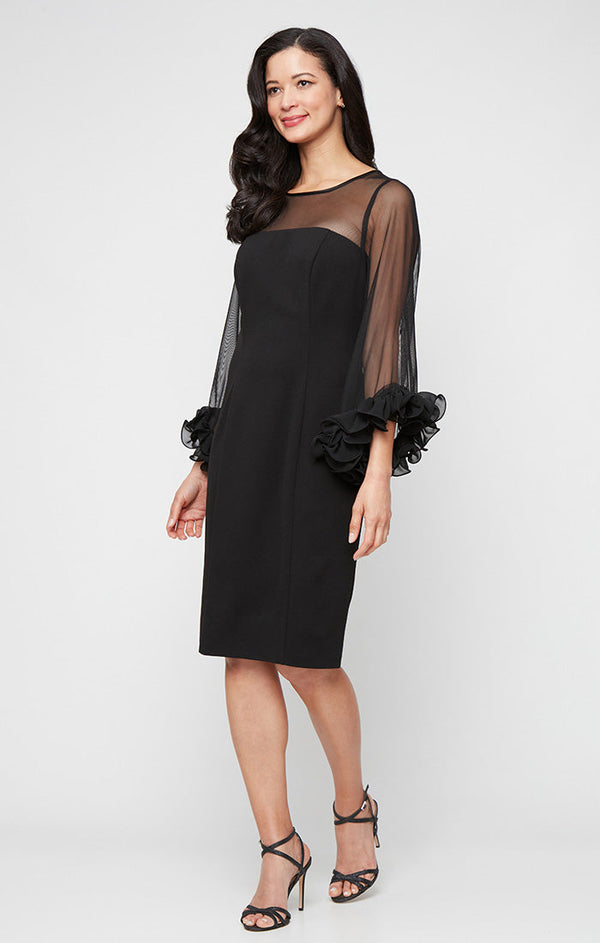 Plus Short Stretch Crepe Sheath Dress with Illusion Neckline and Ruffle Sleeve Detail