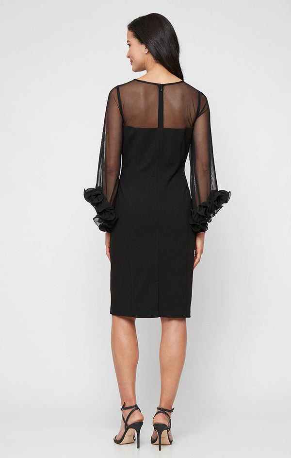 Plus Short Stretch Crepe Sheath Dress with Illusion Neckline and Ruffle Sleeve Detail