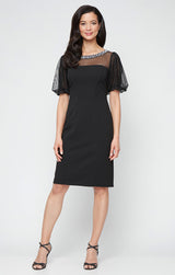 Short Stretch Crepe Sheath Dress with Beaded Illusion Neckline and Flutter Sleeves