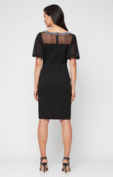 Short Stretch Crepe Sheath Dress with Beaded Illusion Neckline and Flutter Sleeves