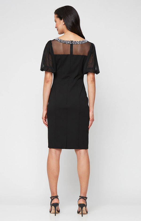 Short Stretch Crepe Sheath Dress with Beaded Illusion Neckline and Flutter Sleeves