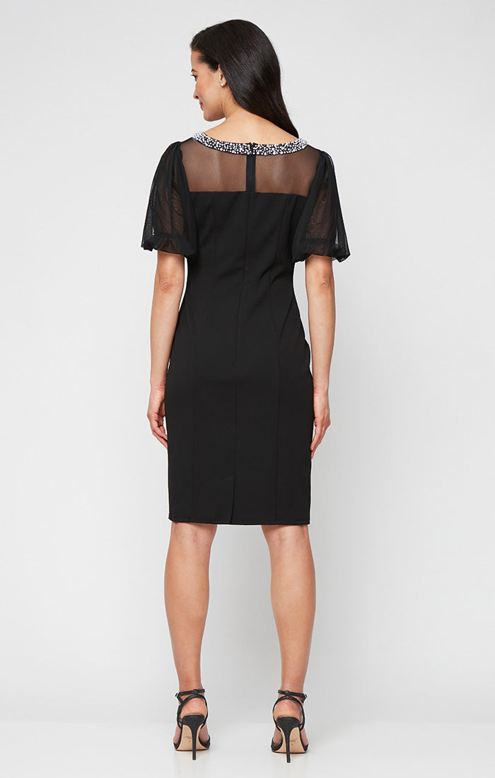 Short Stretch Crepe Sheath Dress with Beaded Illusion Neckline and Flutter Sleeves