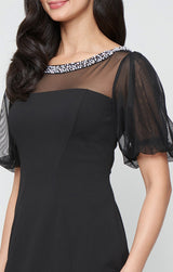 Short Stretch Crepe Sheath Dress with Beaded Illusion Neckline and Flutter Sleeves