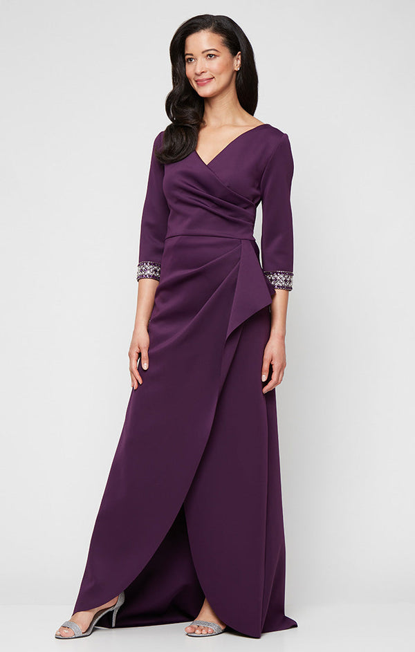 Long Stretch Scuba Crepe Dress with Surplice Neckline, Embellished Sleeve Detail and Tulip Overlay Cascade Skirt