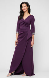 Plus Long Stretch Scuba Crepe Dress with Surplice Neckline, Embellished Sleeve Detail and Tulip Overlay Cascade Skirt
