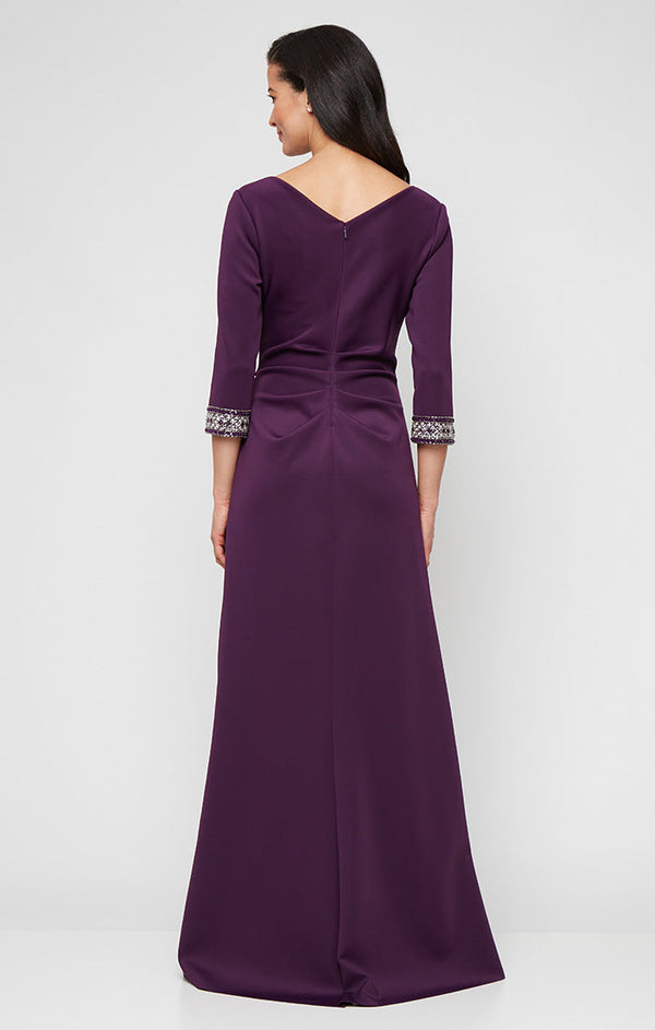 Plus Long Stretch Scuba Crepe Dress with Surplice Neckline, Embellished Sleeve Detail and Tulip Overlay Cascade Skirt