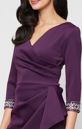Plus Long Stretch Scuba Crepe Dress with Surplice Neckline, Embellished Sleeve Detail and Tulip Overlay Cascade Skirt