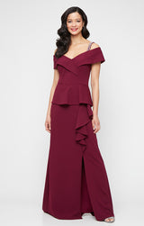 *Long Stretch Crepe Dress with Embellished Strap Cold Shoulder Detail and Cascade Peplum Hem Bodice