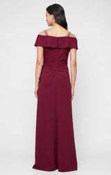 *Long Stretch Crepe Dress with Embellished Strap Cold Shoulder Detail and Cascade Peplum Hem Bodice