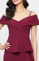 *Long Stretch Crepe Dress with Embellished Strap Cold Shoulder Detail and Cascade Peplum Hem Bodice