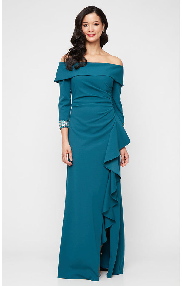 *Long Stretch Crepe Off the Shoulder Dress with Foldover Cuff Neckline, Beaded Sleeve Detail and Cascade Ruffle Skirt
