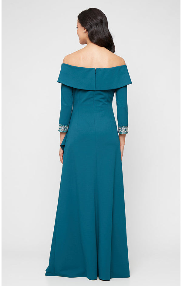 *Long Stretch Crepe Off the Shoulder Dress with Foldover Cuff Neckline, Beaded Sleeve Detail and Cascade Ruffle Skirt