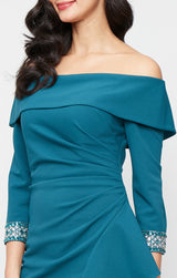 *Long Stretch Crepe Off the Shoulder Dress with Foldover Cuff Neckline, Beaded Sleeve Detail and Cascade Ruffle Skirt