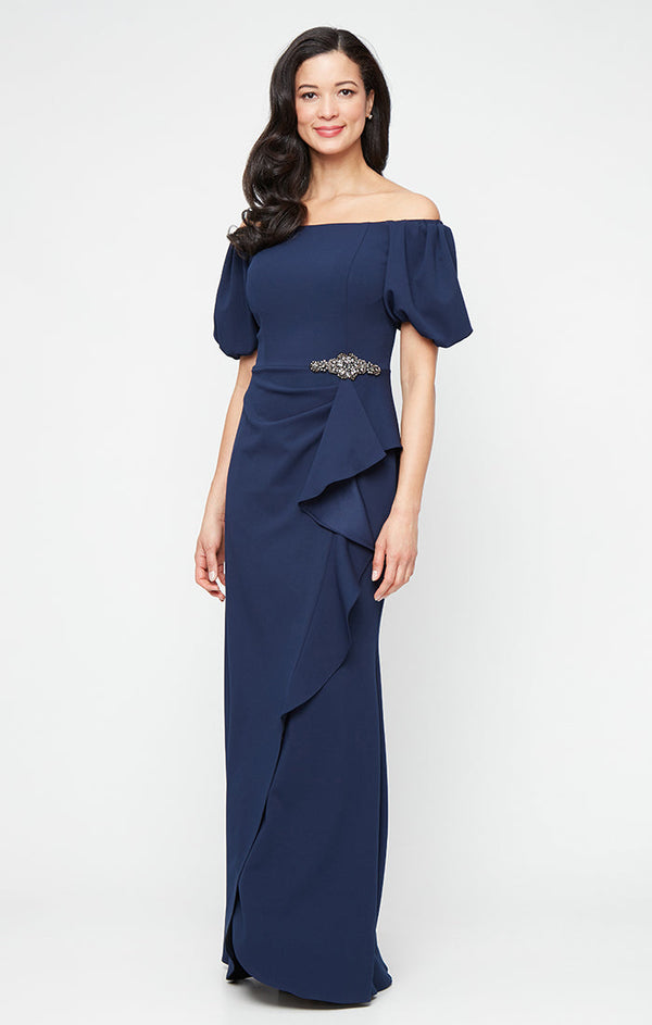 *Long Stretch Crepe Off the Shoulder Dress with Embellished Cascade Ruffle Detail at Waist and Puff Sleeves