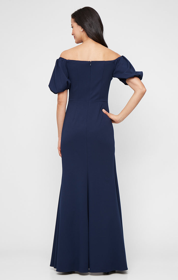 *Long Stretch Crepe Off the Shoulder Dress with Embellished Cascade Ruffle Detail at Waist and Puff Sleeves