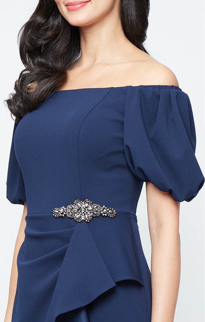 *Long Stretch Crepe Off the Shoulder Dress with Embellished Cascade Ruffle Detail at Waist and Puff Sleeves