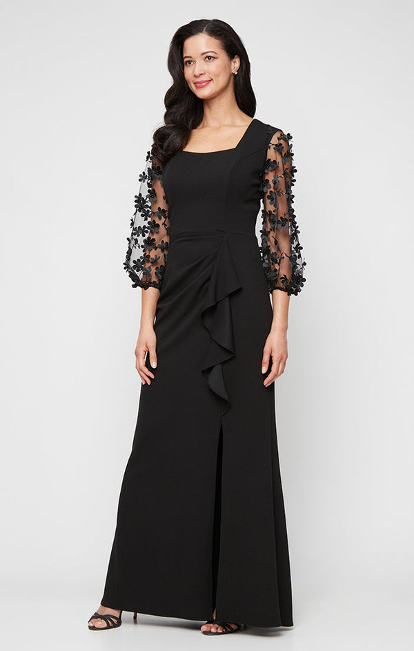 *Long Stretch Crepe Dress with Square Neckline and 3-D Floral Illusion Sleeves