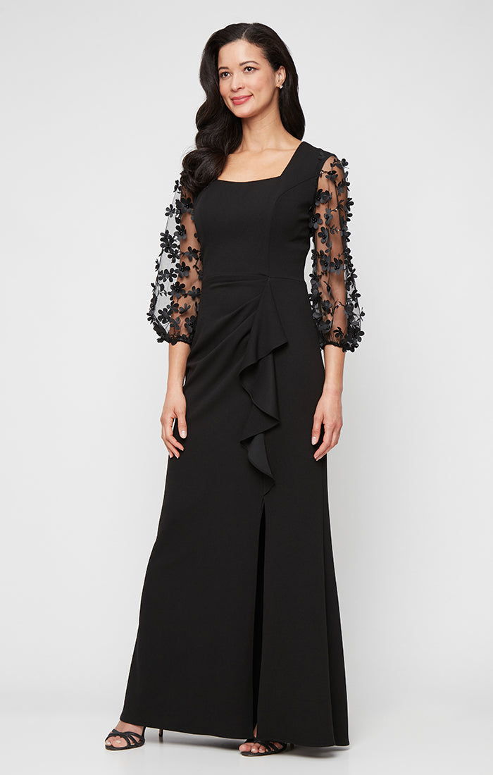 *Long Stretch Crepe Dress with Square Neckline and 3-D Floral Illusion Sleeves