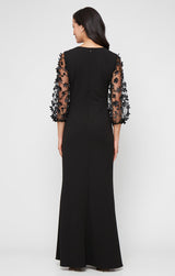 *Long Stretch Crepe Dress with Square Neckline and 3-D Floral Illusion Sleeves