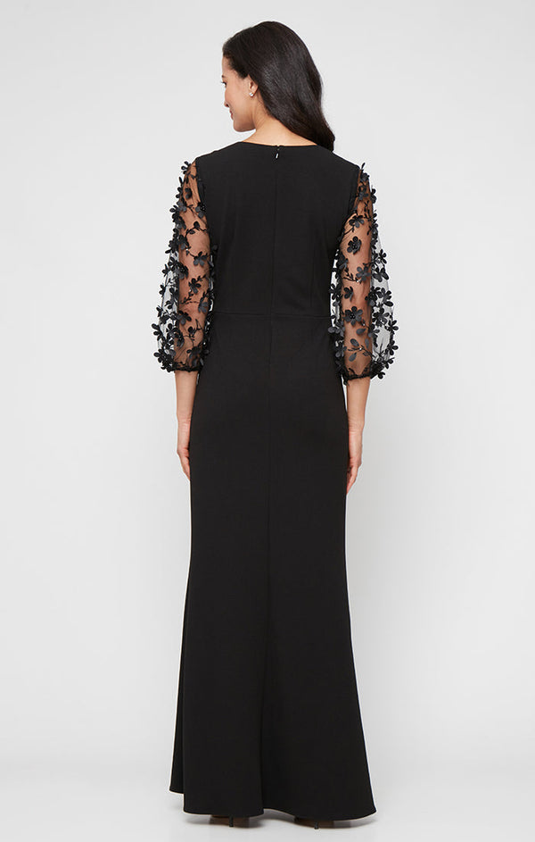*Long Stretch Crepe Dress with Square Neckline and 3-D Floral Illusion Sleeves