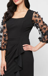 *Long Stretch Crepe Dress with Square Neckline and 3-D Floral Illusion Sleeves