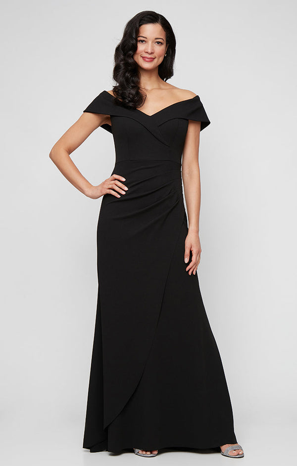 Petite Long Off the Shoulder Stretch Crepe Dress with Fishtail Back
