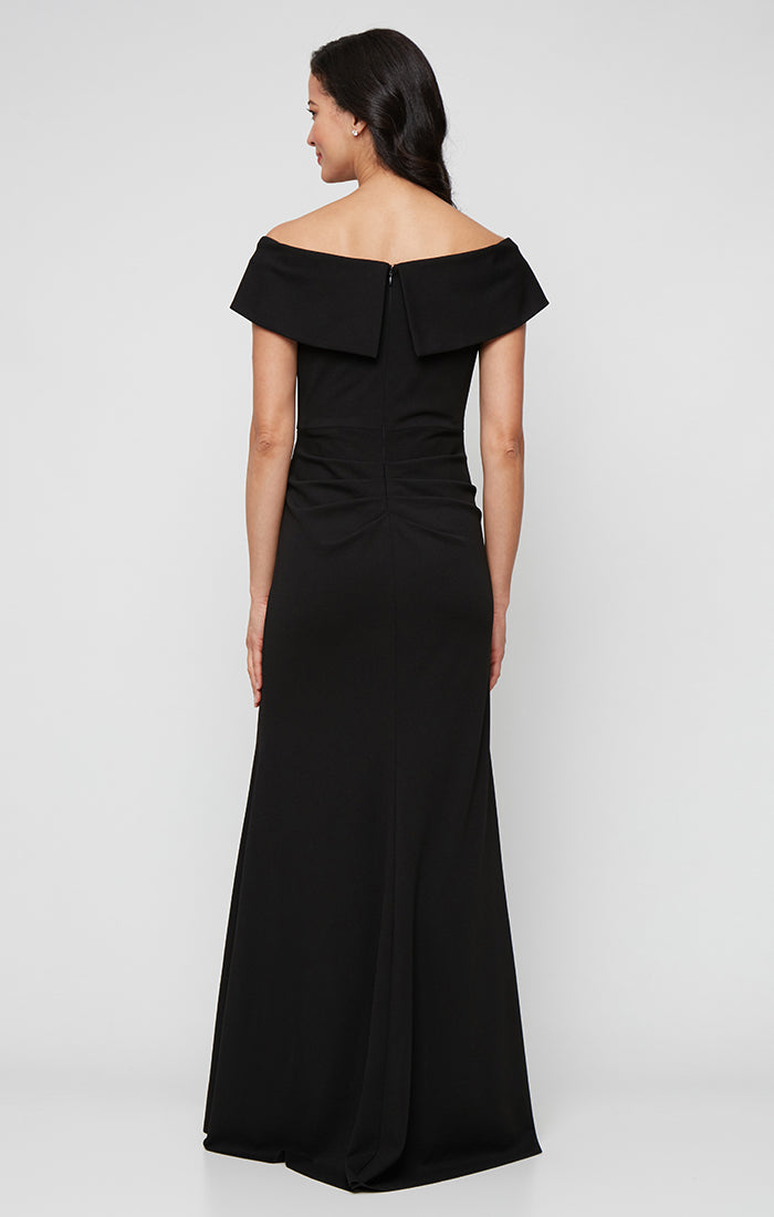 Petite Long Off the Shoulder Stretch Crepe Dress with Fishtail Back