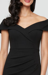 Petite Long Off the Shoulder Stretch Crepe Dress with Fishtail Back