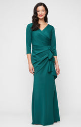 Petite Long Stretch Scuba Crepe Dress with Surplice Neckline and Gathered Cascade Detail Skirt