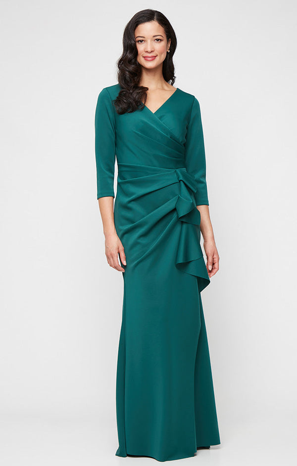 Petite Long Stretch Scuba Crepe Dress with Surplice Neckline and Gathered Cascade Detail Skirt