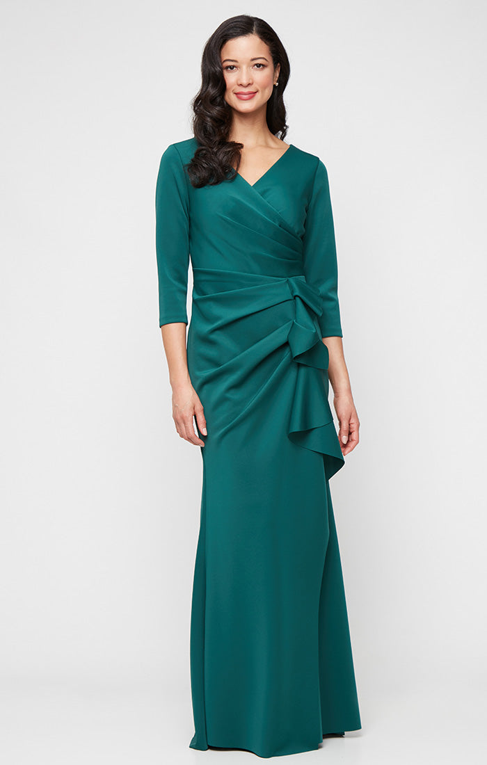 Petite Long Stretch Scuba Crepe Dress with Surplice Neckline and Gathered Cascade Detail Skirt