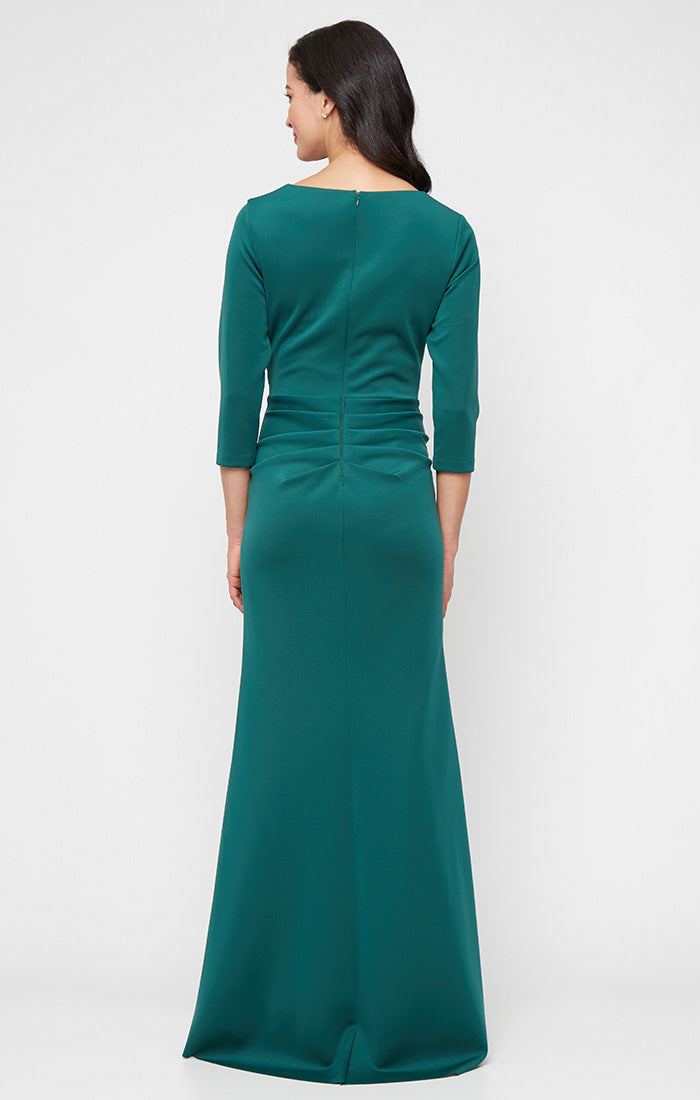 Petite Long Stretch Scuba Crepe Dress with Surplice Neckline and Gathered Cascade Detail Skirt