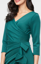 Petite Long Stretch Scuba Crepe Dress with Surplice Neckline and Gathered Cascade Detail Skirt