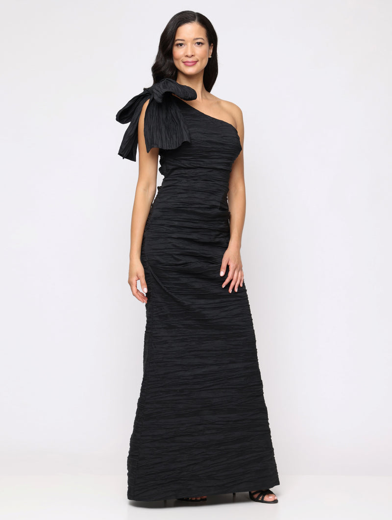 Long One Shoulder Dress with Bow Shoulder Detail