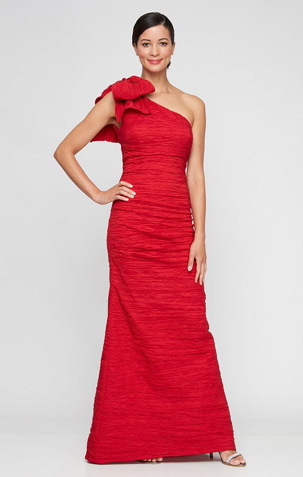 Long One Shoulder Dress with Bow Shoulder Detail