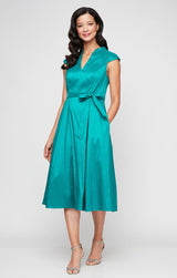 Plus Short V-Neck Stretch Taffeta Dress with A-Line Skirt and Tie Waist Detail