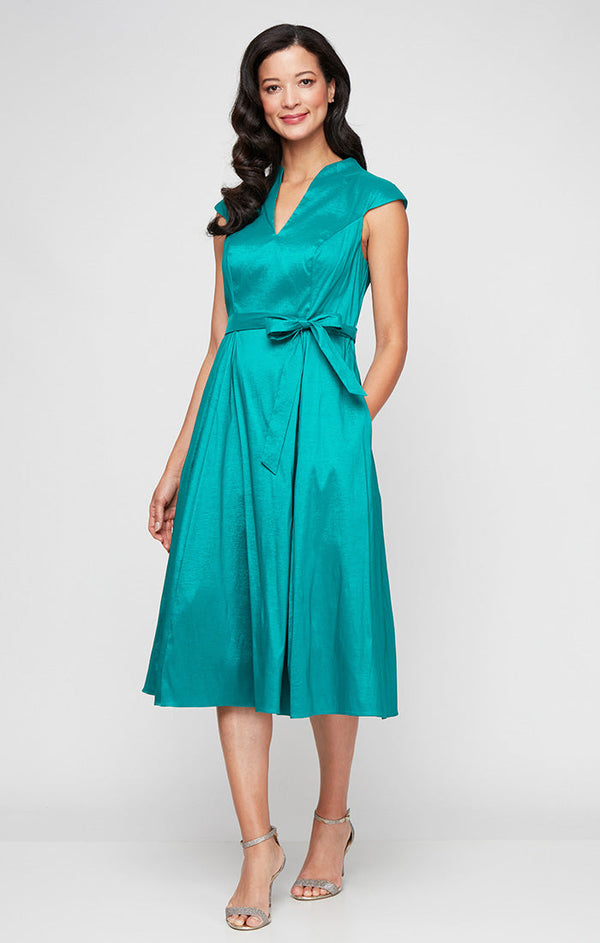 Plus Short V-Neck Stretch Taffeta Dress with A-Line Skirt and Tie Waist Detail