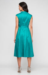 Plus Short V-Neck Stretch Taffeta Dress with A-Line Skirt and Tie Waist Detail