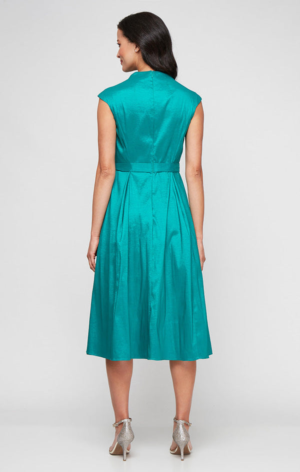 Plus Short V-Neck Stretch Taffeta Dress with A-Line Skirt and Tie Waist Detail