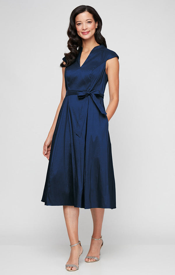 Stretch Taffeta Party Dress with A-Line Skirt & Tie Waist Detail