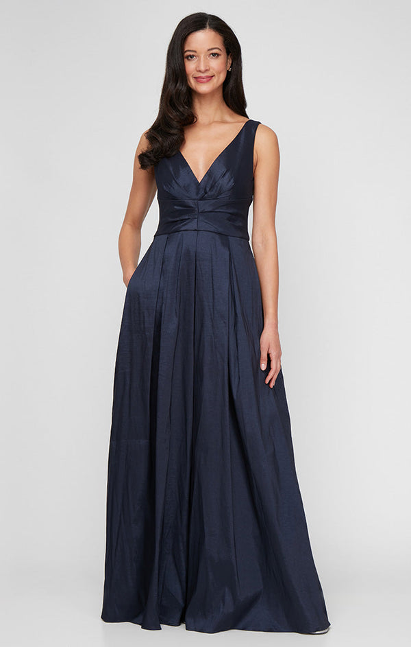 Long Stretch Taffeta Sleeveless Dress with V-Neckline