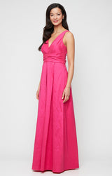 Long Stretch Taffeta Sleeveless Dress with V-Neckline