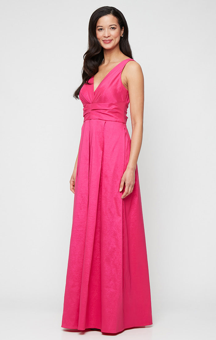 Long Stretch Taffeta Sleeveless Dress with V-Neckline