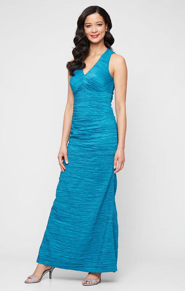 Petite Long Sleeveless Crinkle Stretch Taffeta Dress V-Neckline