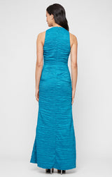 Petite Long Sleeveless Crinkle Stretch Taffeta Dress V-Neckline