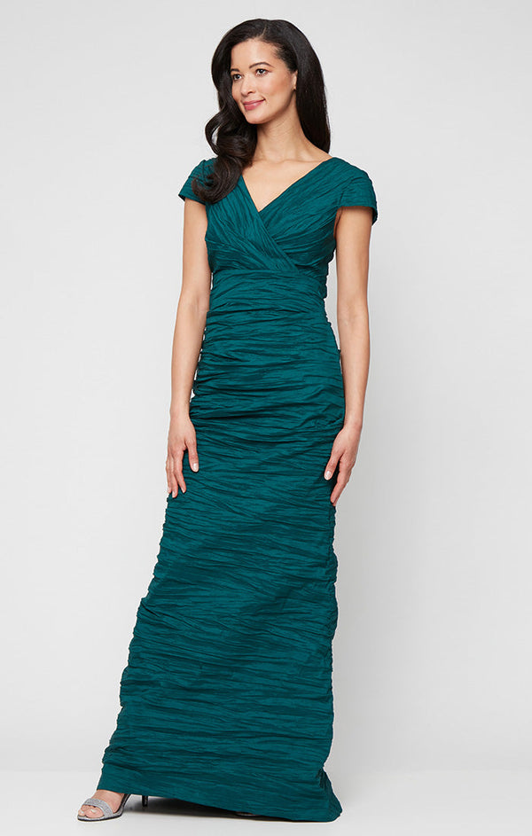 Plus Long Crinkle Stretch Taffeta Dress with Surplice Neckline, Empire Waist and Cap Sleeves