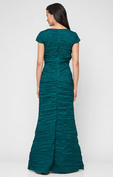 Plus Long Crinkle Stretch Taffeta Dress with Surplice Neckline, Empire Waist and Cap Sleeves