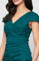 Plus Long Crinkle Stretch Taffeta Dress with Surplice Neckline, Empire Waist and Cap Sleeves
